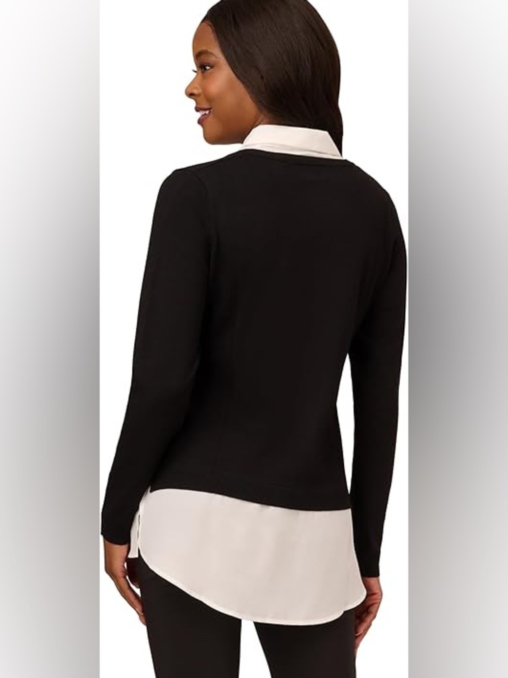 Adrianna Papell Black V-Neck Layered-Look Sweater - Picture 2 of 4